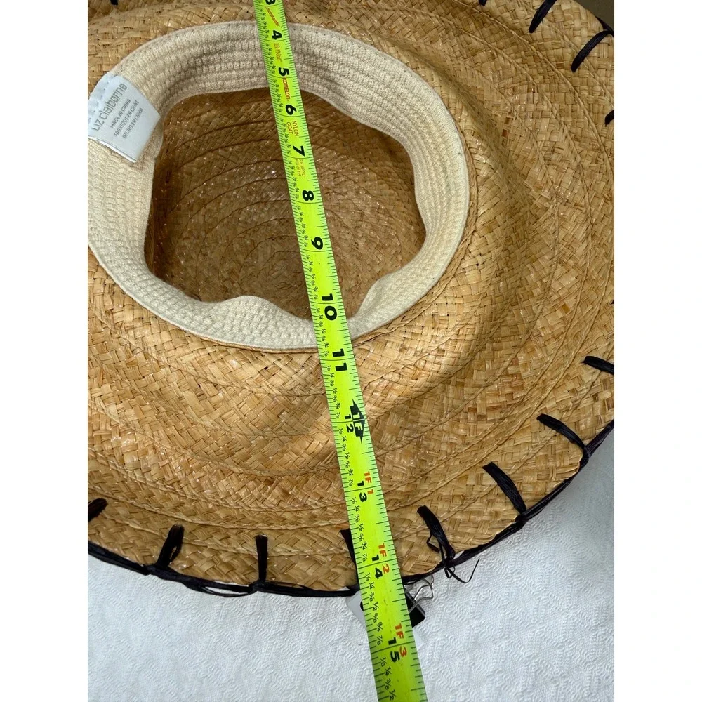 Liz Claiborne Women Natural Straw Sun Hat Wide Brim Whipstitch Detail Tan Brown